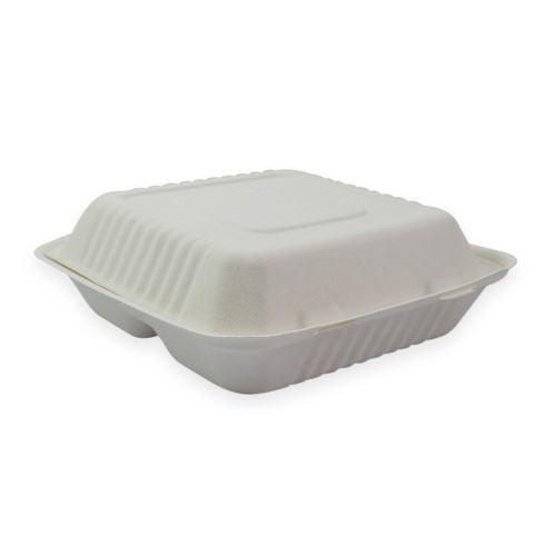 Sustain Sugarcane Clamshell 3 Compartment White 9 x9 inch - CT/200